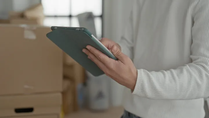 タブレットで在庫を確認する手元と積まれた段ボール